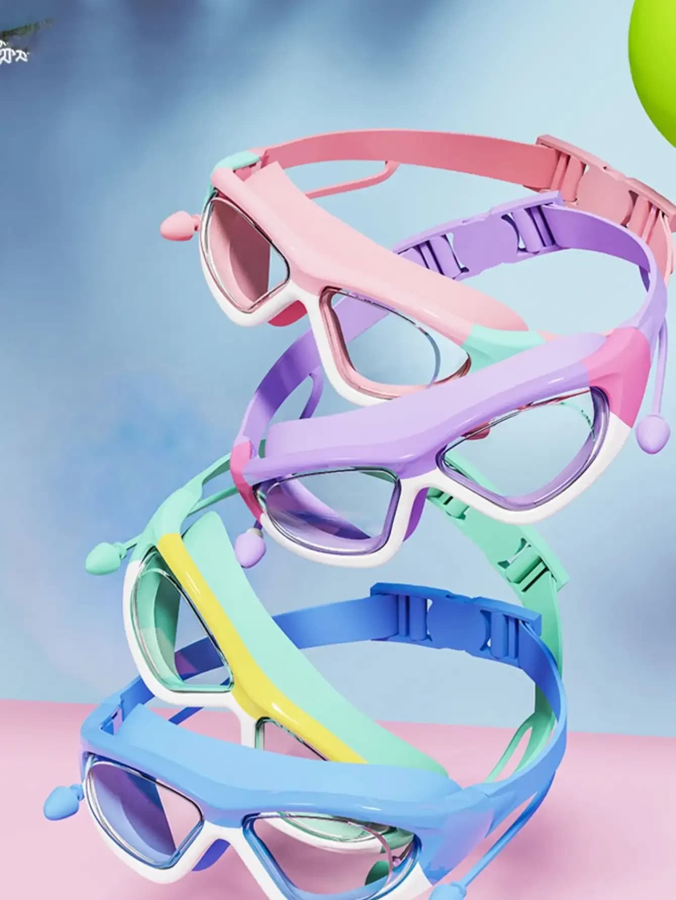 Lunettes de natation enfants grand cadre anti-buée étanches avec bouchons d'oreilles connectés