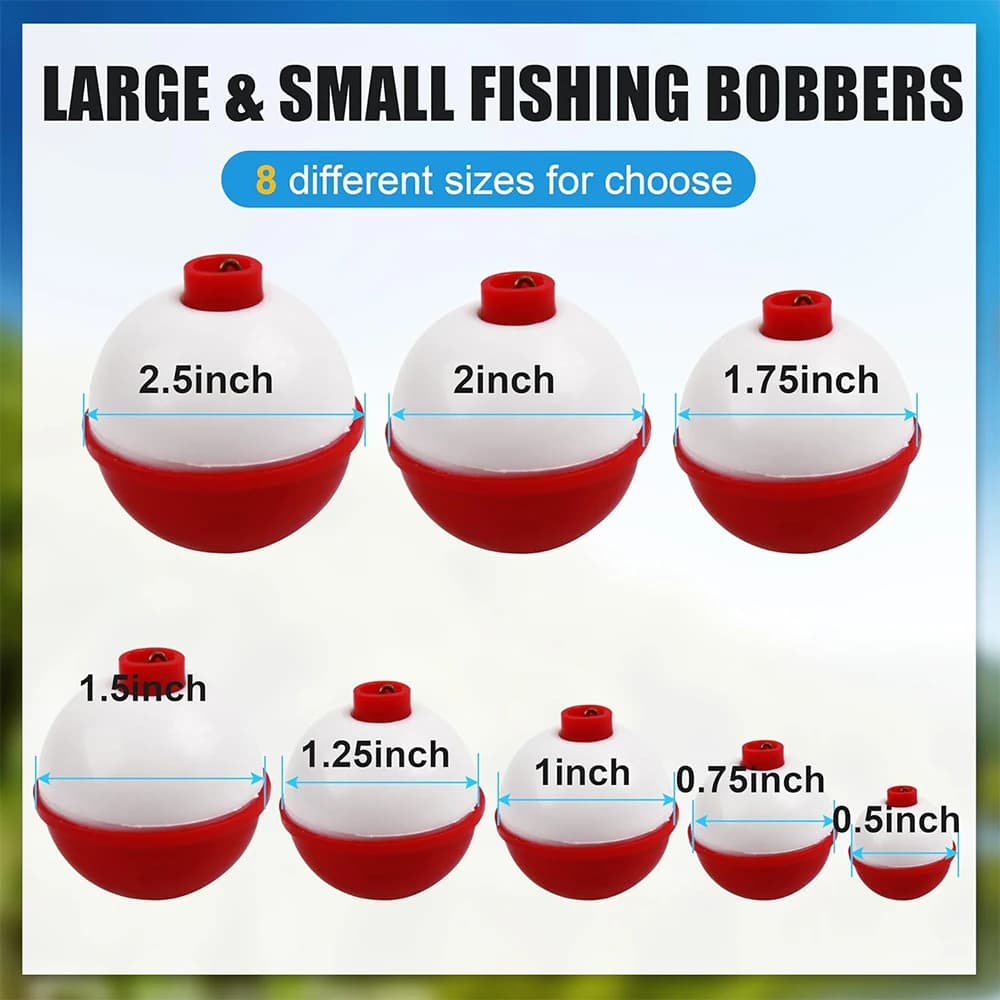 Lot de 7 flotteurs de pêche ronds à clipser, bouchons coulissants avec bouton poussoir, diamètre 0.5