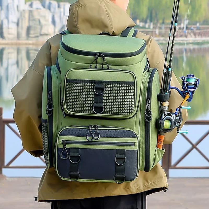 Sac de pêche 50L avec porte-cannes et rangements pour leurres - Grand sac à dos de randonnée
