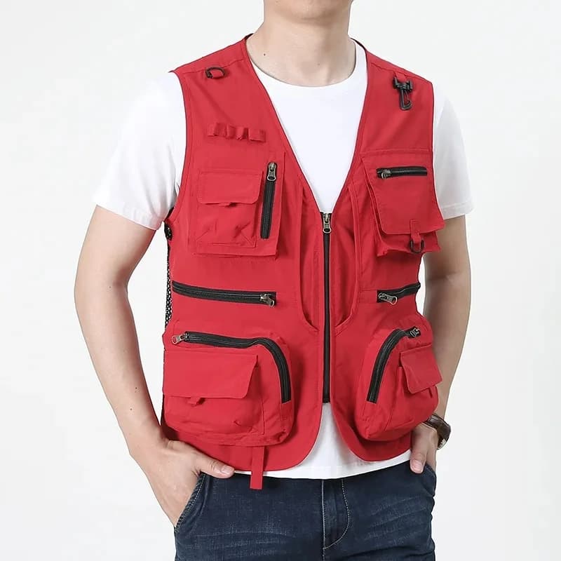 Veste de pêche cargo rouge personnalisable 2025 - Yelek multi-poches nylon pour journaliste photo camping