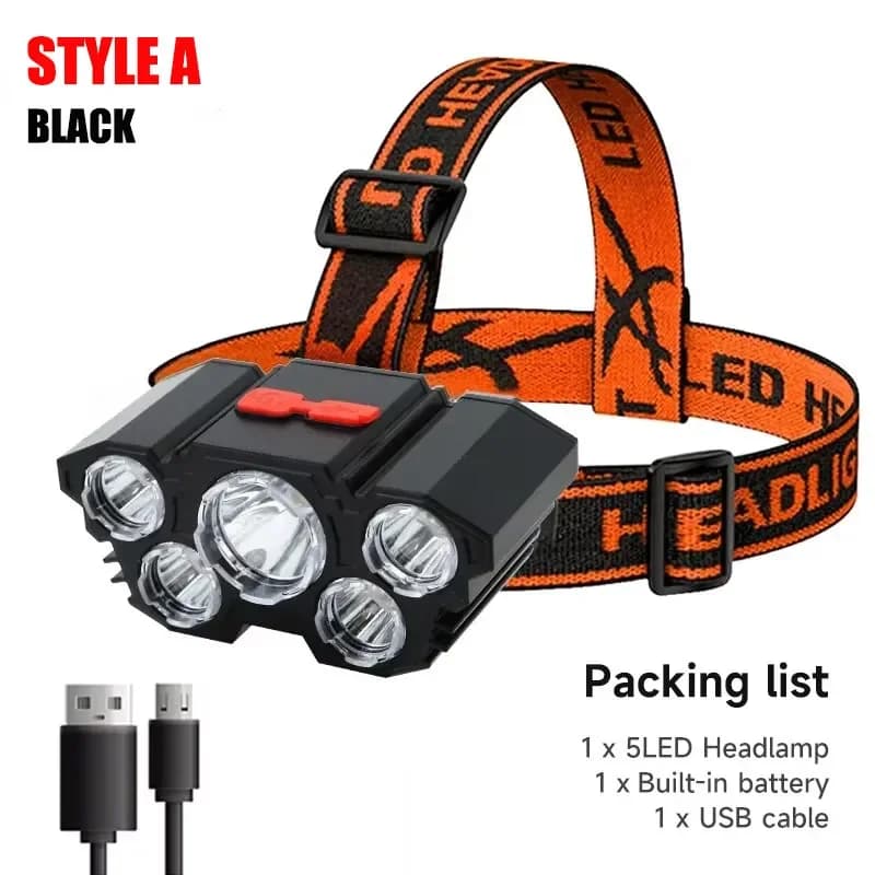 Lampe frontale 5 LED rechargeable intégrée pour pêche, camping, vélo et aventures en plein air