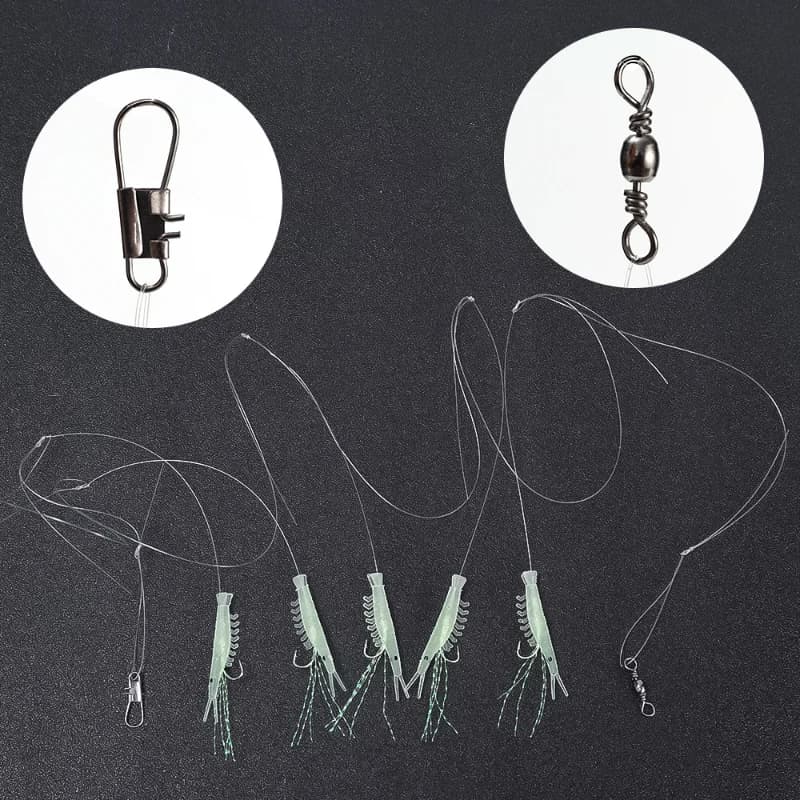 Leurre souple crevette lumineux 5 pièces avec hameçon barbelé pour bar morue et maquereau en pêche mer