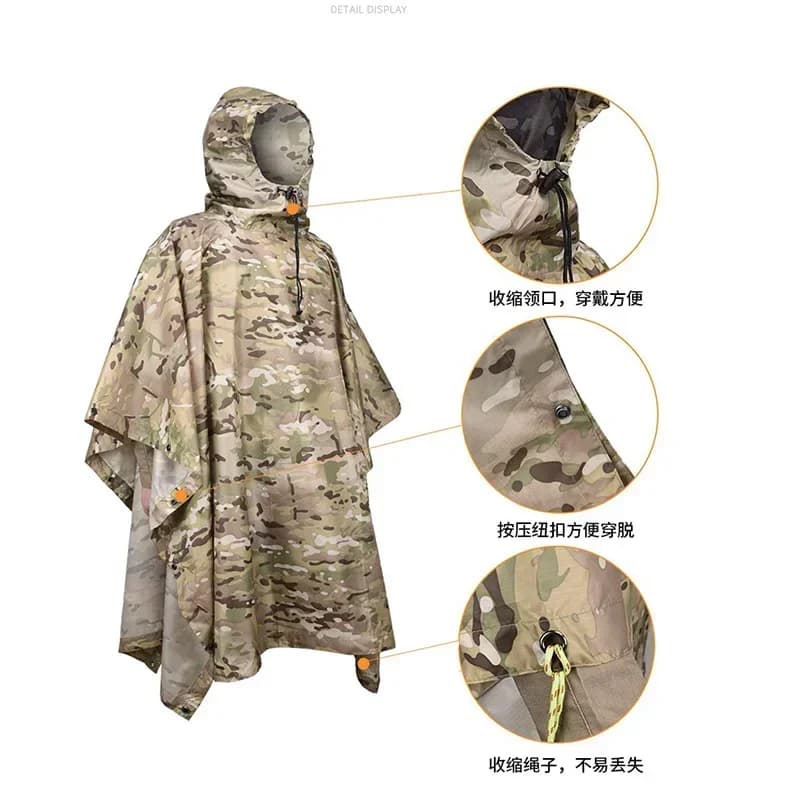 Poncho pluie camouflage avec capuche - Protection pluie pêche légère et discrète pour intempéries