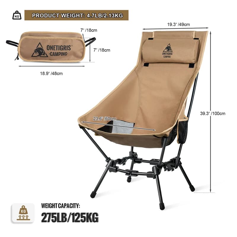 Chaise pliante camping OneTigris dossier haut - Siège confortable pour pêche trekking jardin plage