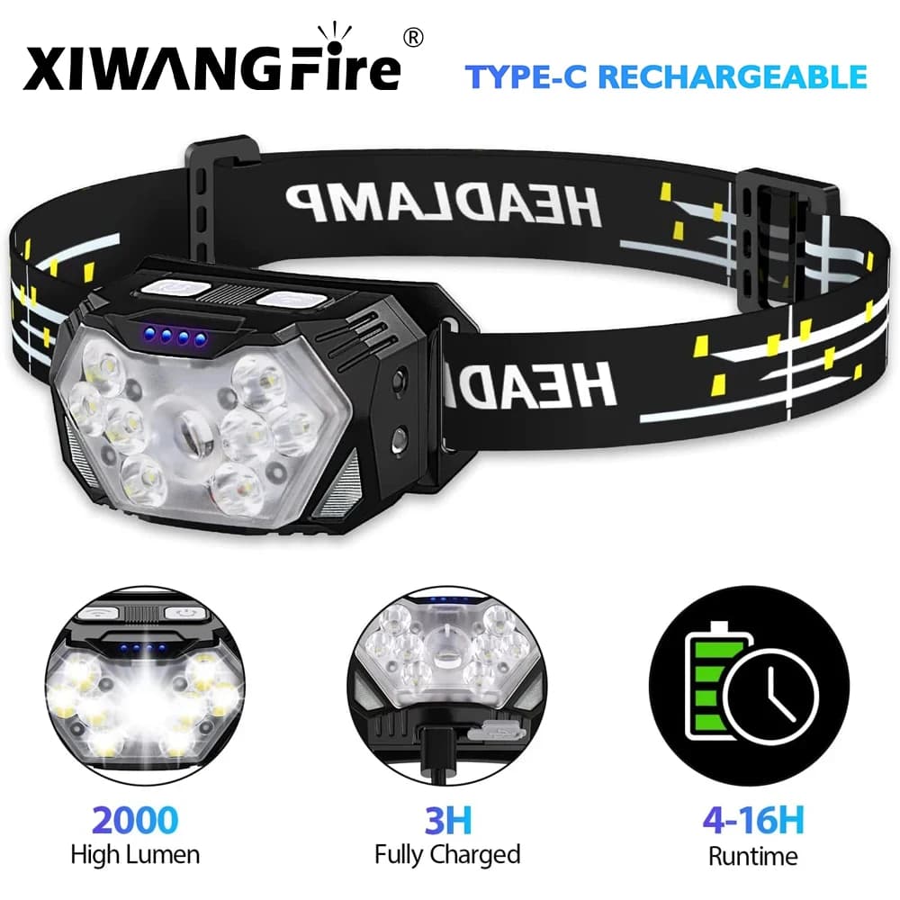 Frontale pêche 9 LED portable capteur mouvement rechargeable USB 1200mAh pour camping et extérieur