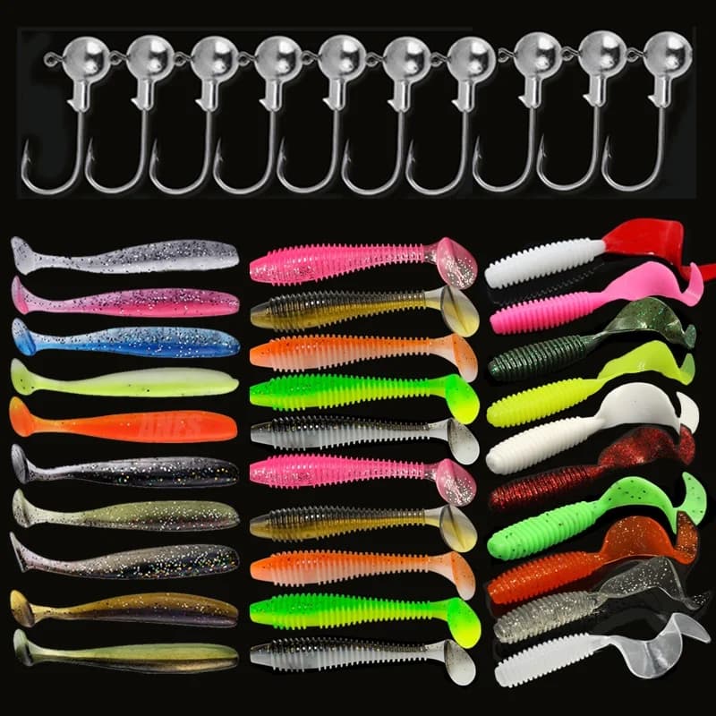 Kit de leurres souples pêche avec leurres silicone et hameçons, appâts artificiels vers et jig tête