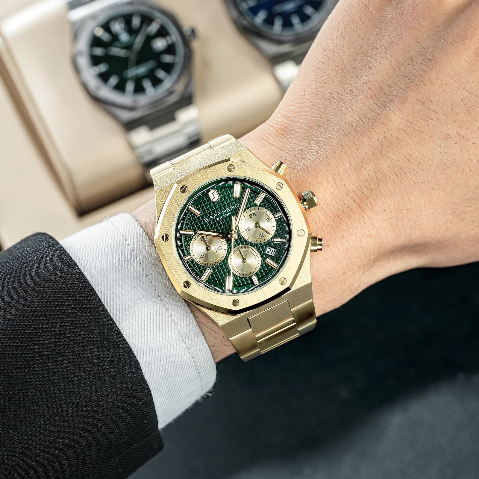 Montre homme robuste SAPPHERO acier inox étanche style affaire date cadeau pêche précision