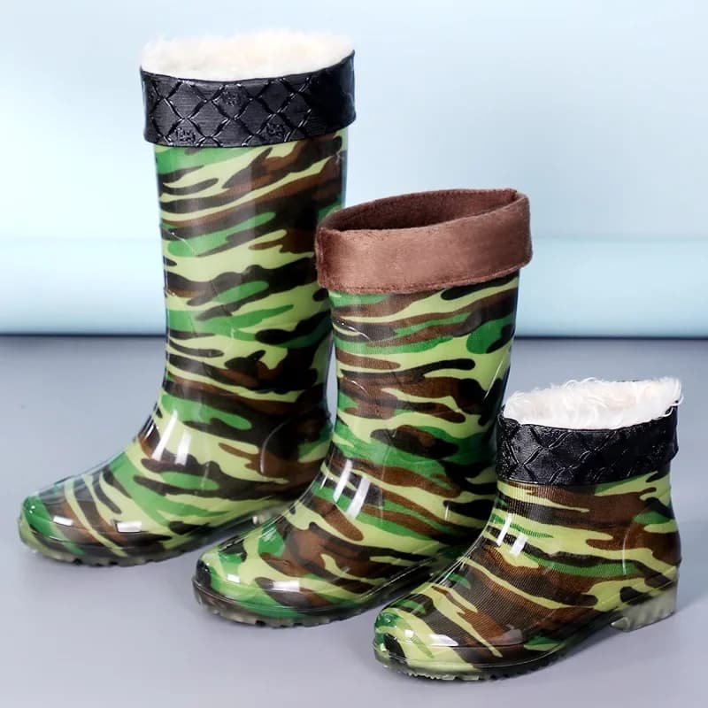 Bottes camouflage mi-mollet imperméables doublées polaire - Chaussures caoutchouc unisexes antidérapantes