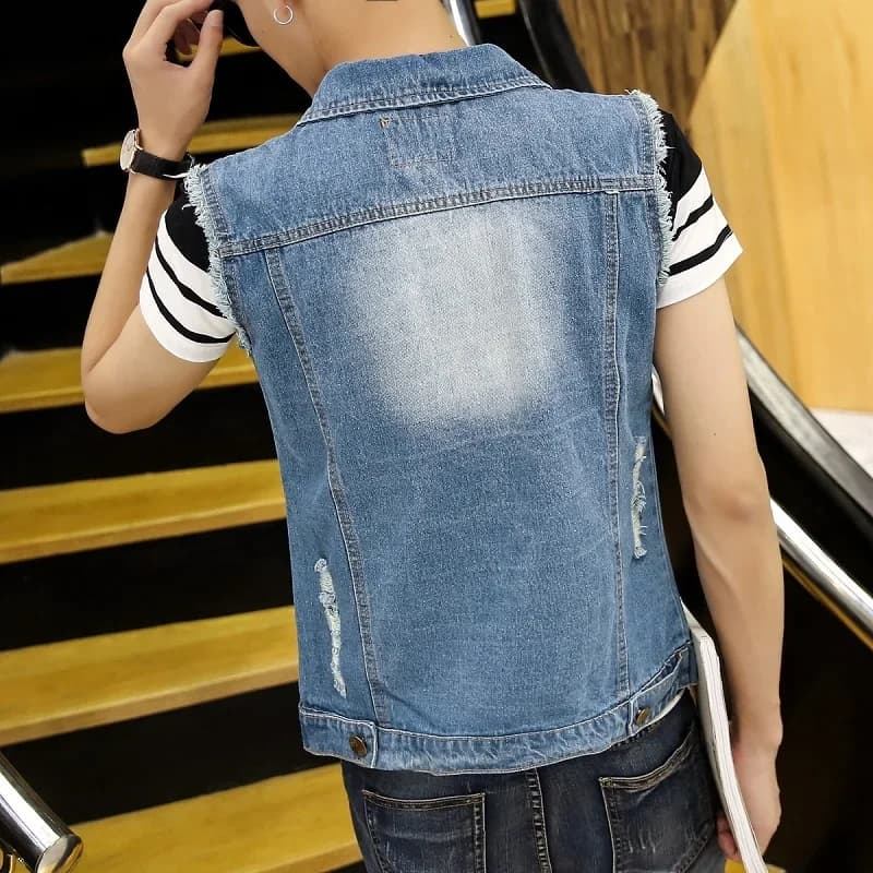 Gilet denim déchiré homme 6XL bleu clair - Veste sans manches jeans slim trous style décontracté