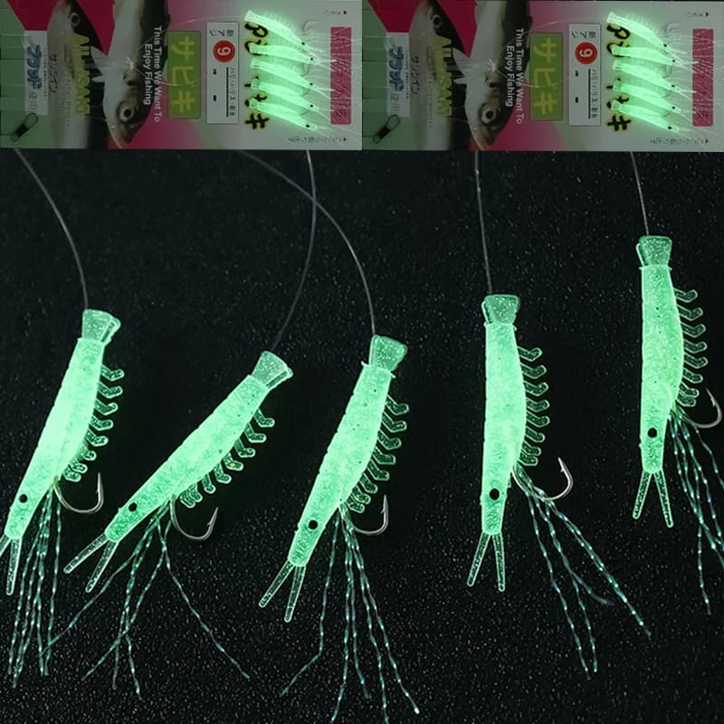 Leurre souple crevette lumineux 5 pièces avec hameçon barbelé pour bar morue et maquereau en pêche mer