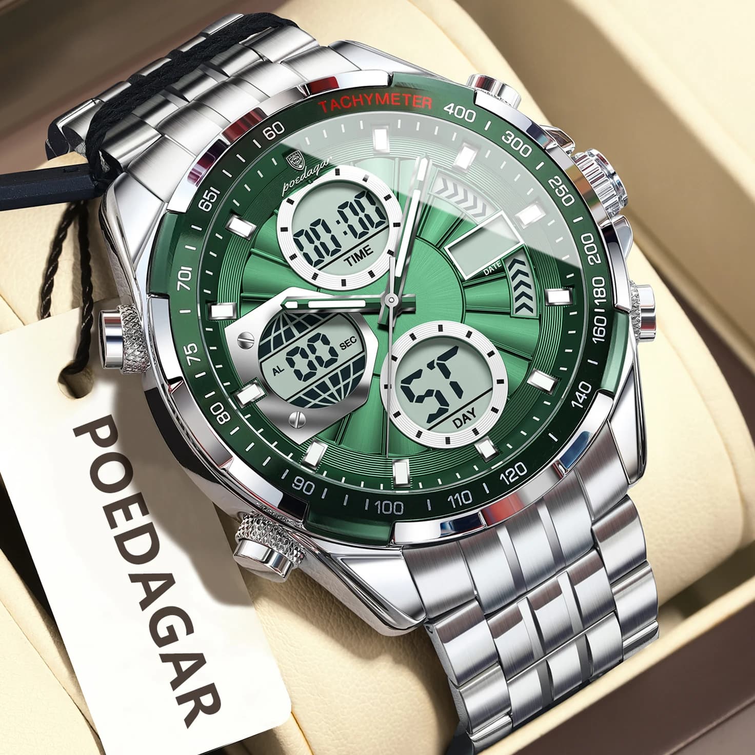 Montre homme POEDAGAR luxe étanche électronique LED - Affichage double fuseau - Bracelet acier inoxydable