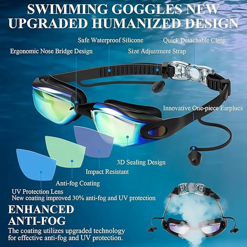 Lunettes de natation complètes avec pince-nez et bouchons - Anti-buée UV étanches - Homme femme