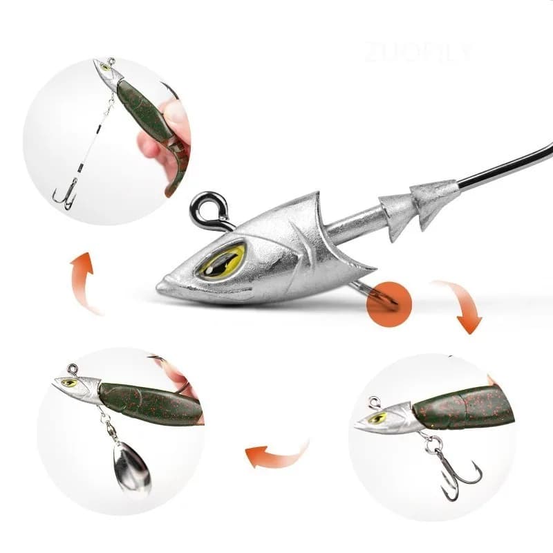 Hameçons plombés mer 5 pièces 14g à 42g pour bar et daurade - Tête poisson simulée avec porte-hameçon élargi