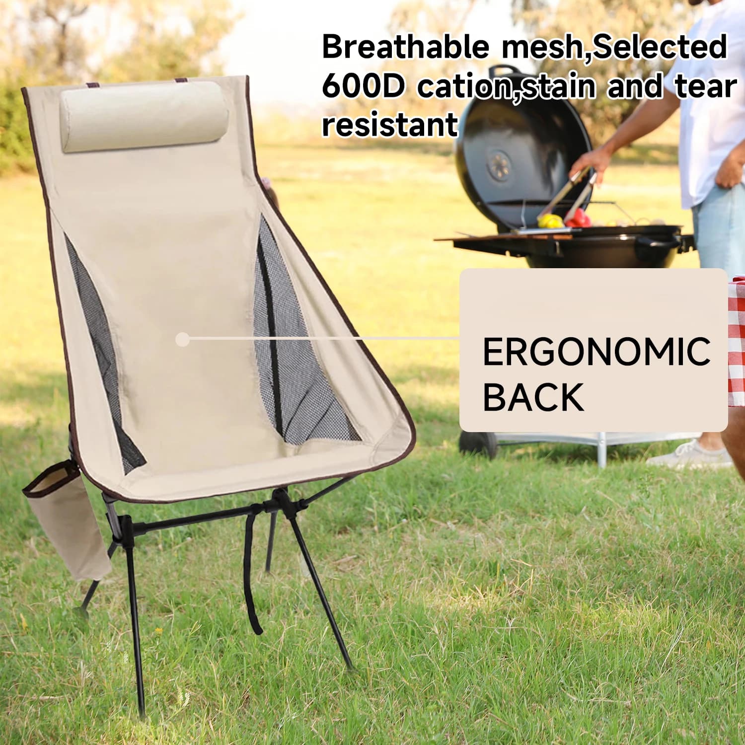 Chaise lune extérieure avec siège allongé et coussin - Pêche, BBQ, pique-nique pliante portable confort