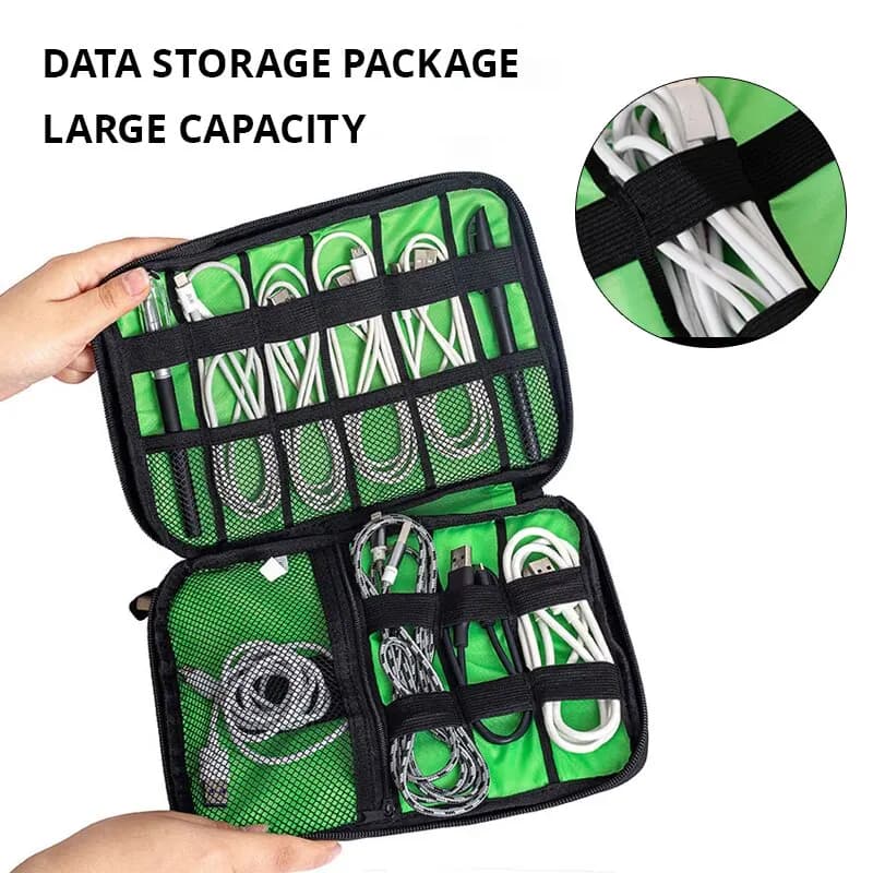 Organisateur électronique portable noir et vert - Étui étanche pour câbles USB et chargeurs de voyage