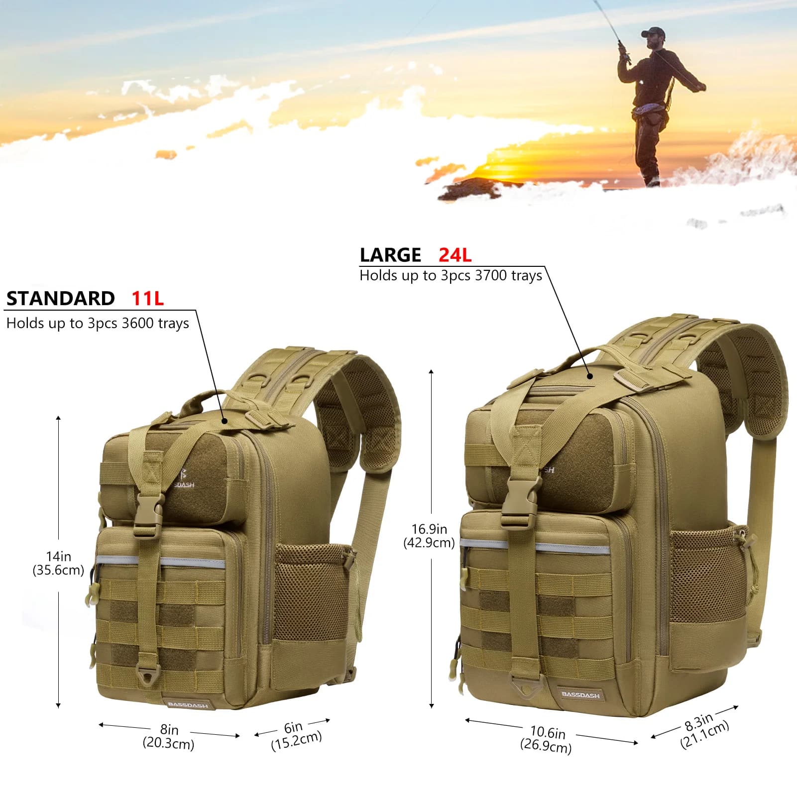 Sac à dos convertible BASSDASH FP07 avec porte-canne étanche tactique pour matériel de pêche réglable