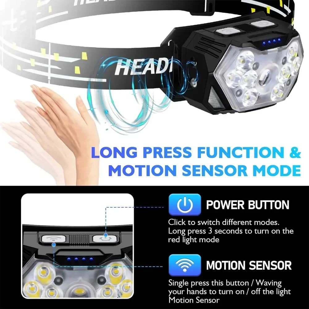 Frontale pêche 9 LED portable capteur mouvement rechargeable USB 1200mAh pour camping et extérieur