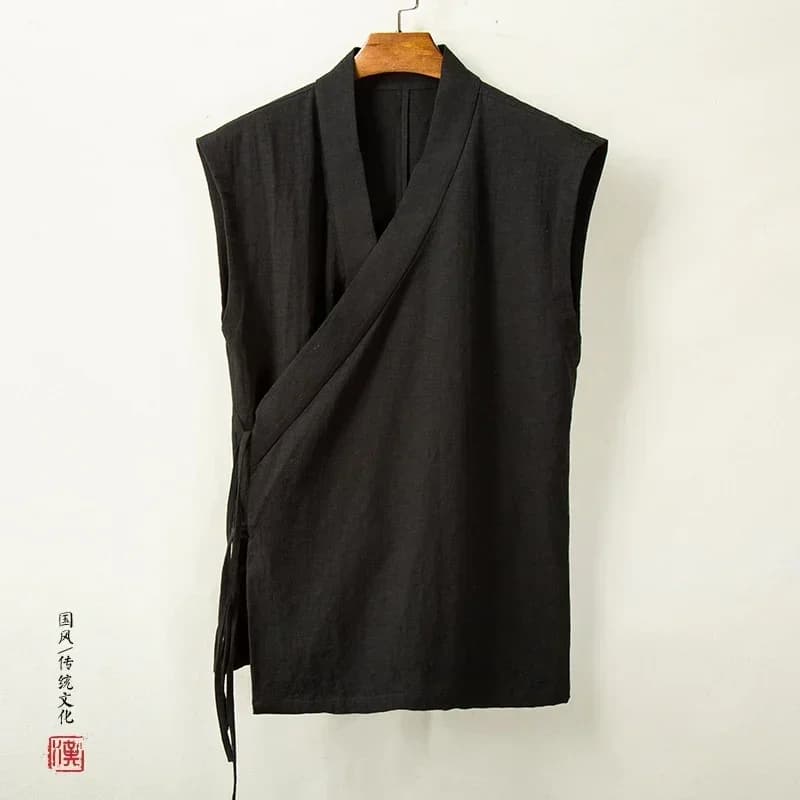 Veste traditionnelle chinoise Hanfu homme lin coton sans manches kimono cardigan pêche zen