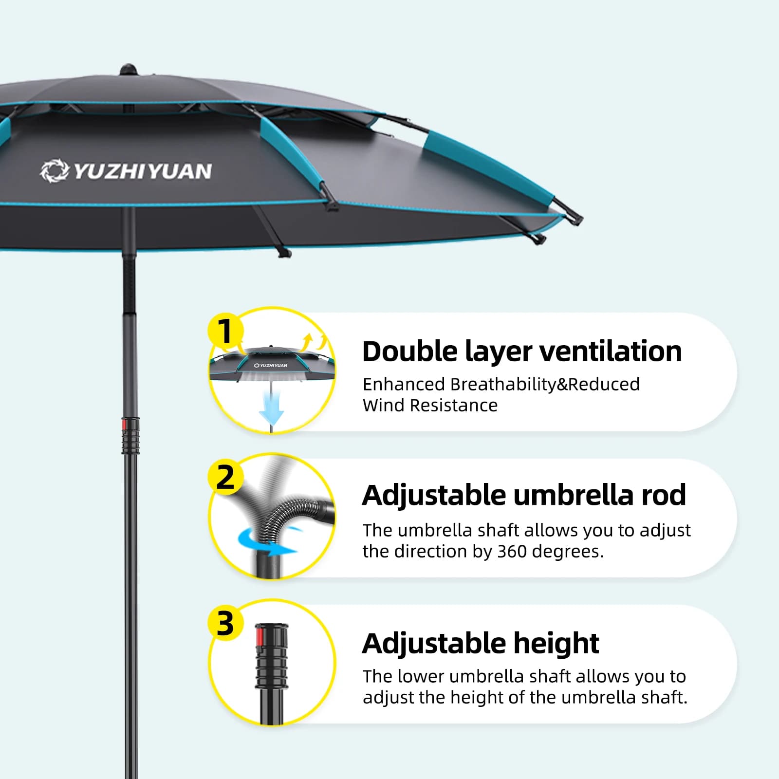 Parapluie de pêche UPF50+ noir colle - Protection 360° ajustable portable avec sac de transport