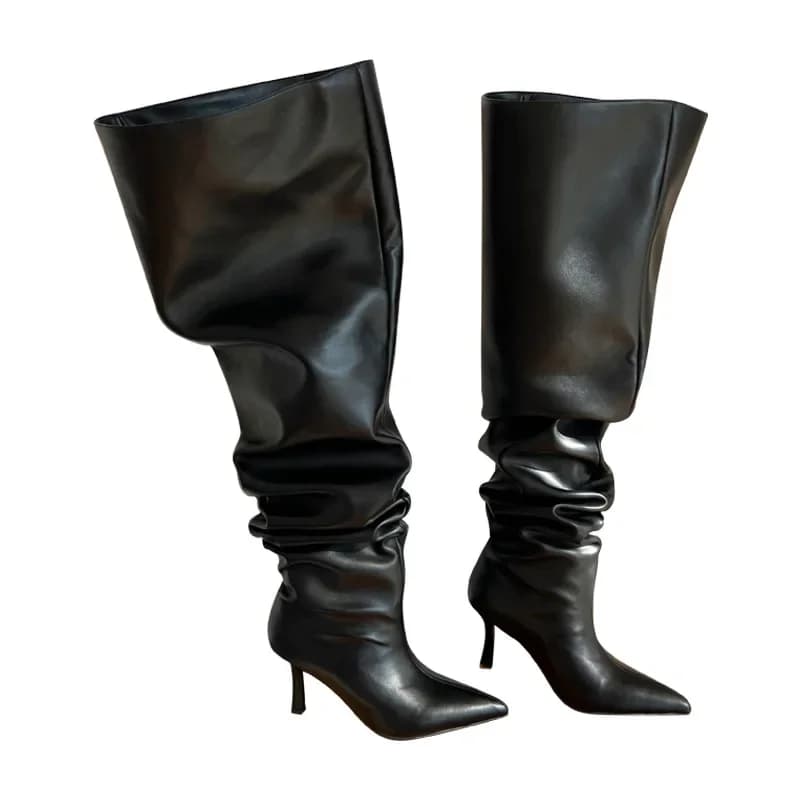 Bottes longues femmes talon fin pointu mode confort plissé européen américain sexy pêche 2023