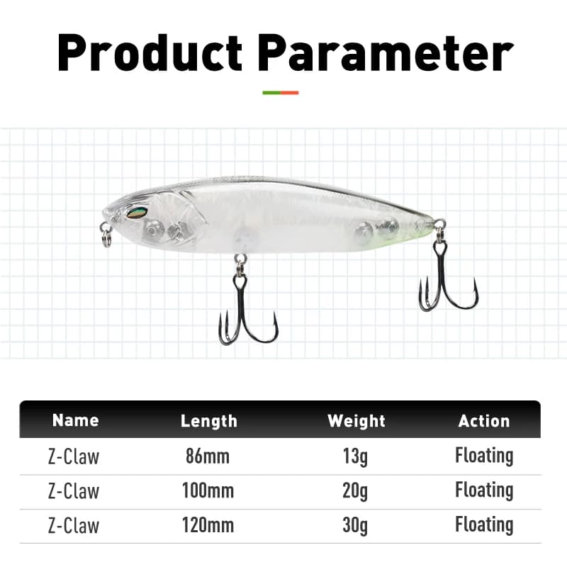 Leurres flottants Leydun Z-Claw 86mm 100mm 120mm, topwater stickbait pour la pêche du bar et carnassiers