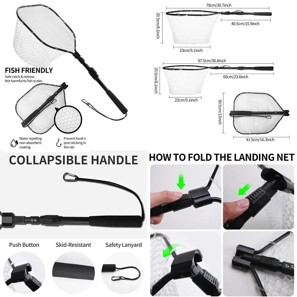 Filet de réception pêche à la mouche maille caoutchouc douce léger portable avec manche aluminium