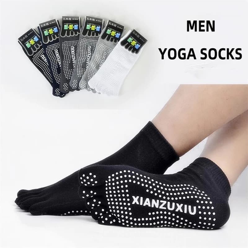 Chaussettes yoga cinq doigts antidérapantes - hommes pilates grip silicone coton