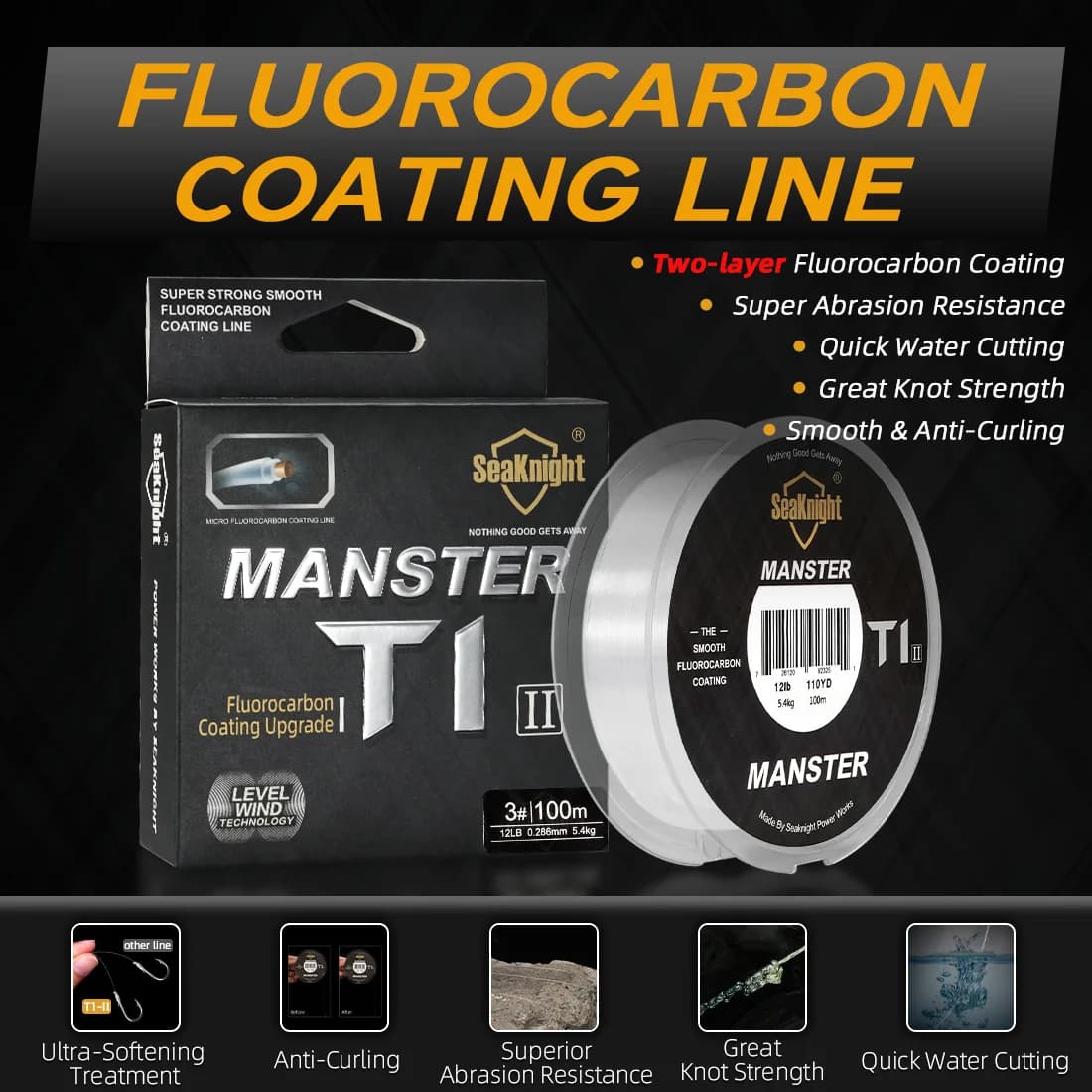 Ligne de pêche fluorocarbone MANSTER T1 II SeaKnight, gainage double couche 100m, forte densité 3-35LB