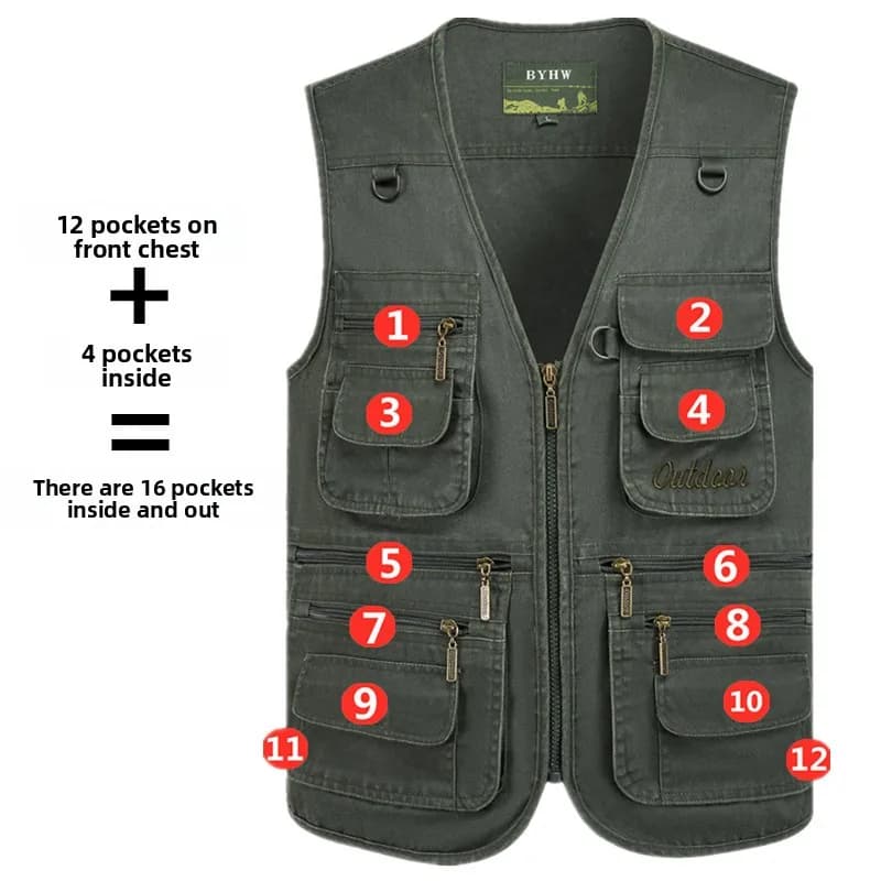 Veste homme multi-poches sans manches grande taille 10XL pêche travail extérieur printemps
