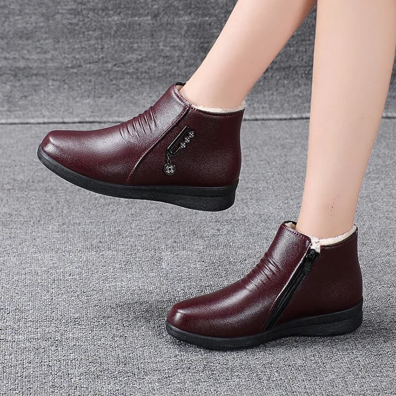 Bottes cuir 2024 semelle plate douce - Chaussures femme laine chaude pêche hiver antidérapantes