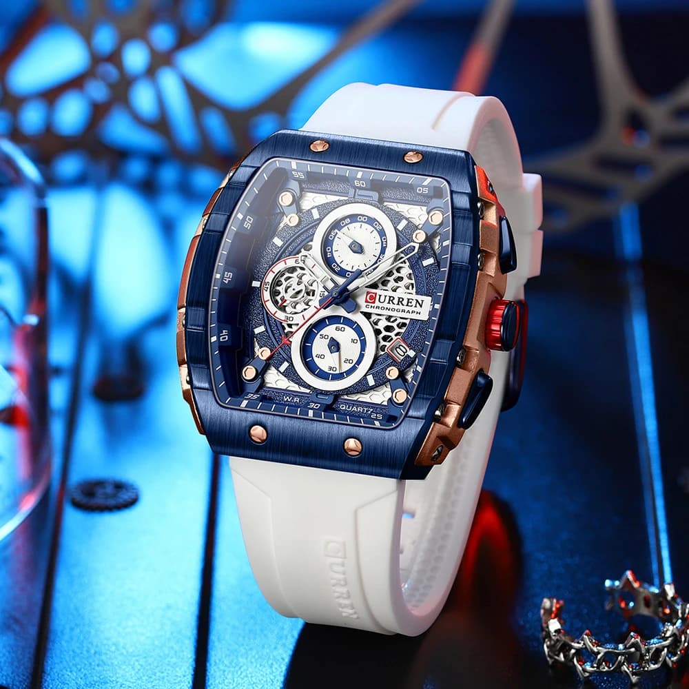 Montre homme Curren luxe chronographe quartz étanche lumineuse boîtier carré bracelet silicone montre de pêche