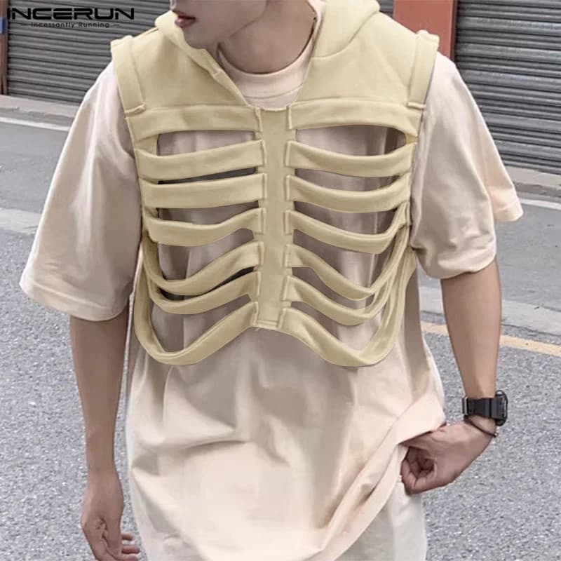 Gilet déconstruit os drôle homme 2024 - Waistcoat à capuche style casual pêche personnalité S-5XL
