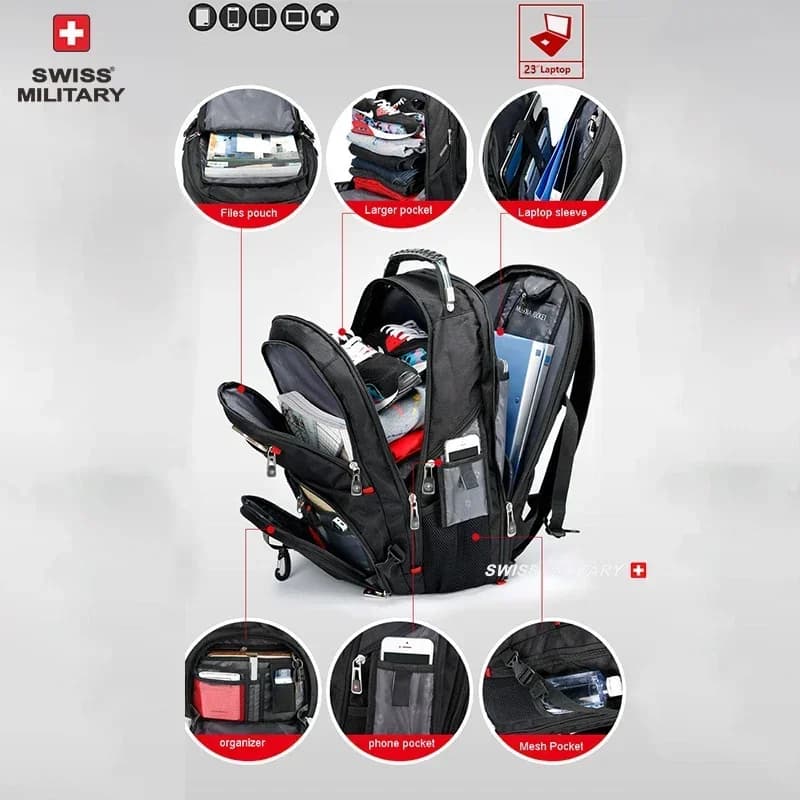 Sac à dos SWISS 17 pouces étanche avec port USB - Style suisse multifonction pour randonnée et pêche