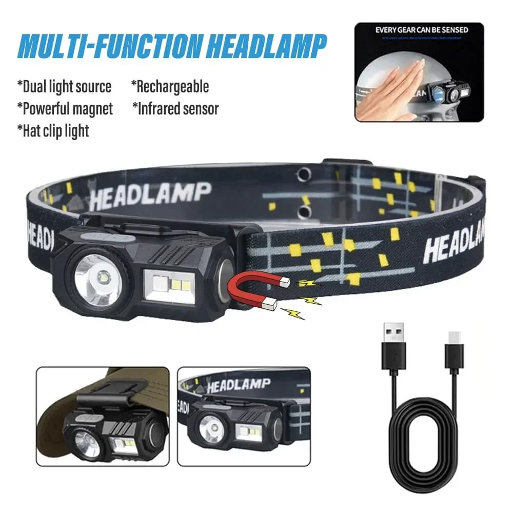Mini lampe frontale LED avec aimant pour pêche et camping rechargeable USB et capteur de mouvement