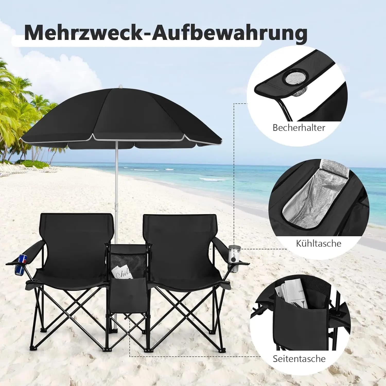 Fauteuil camping 2 places avec parasol porte-gobelet pêche pliant sac transport pique-nique