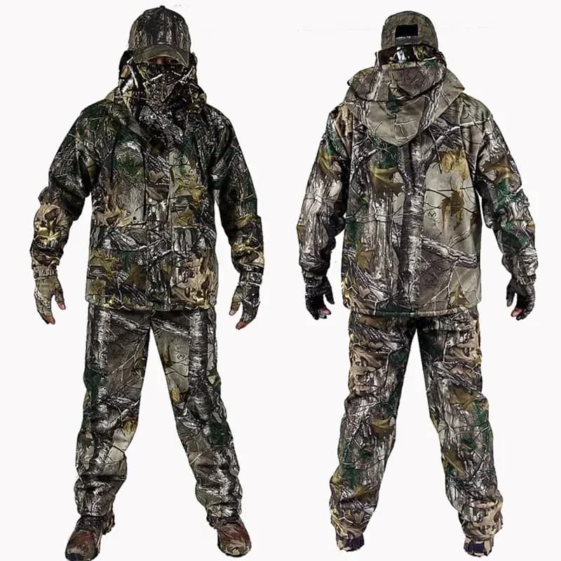 Tenue camouflage bionique 4 pièces hiver pour pêche en eau froide - Veste pantalon gants bonnet
