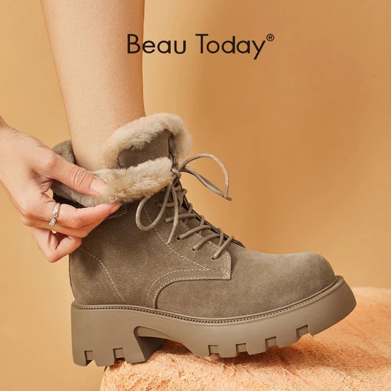 Bottes hiver cuir daim femmes semelle épaisse zip latéral fourrure chaude plateforme pêche artisanales