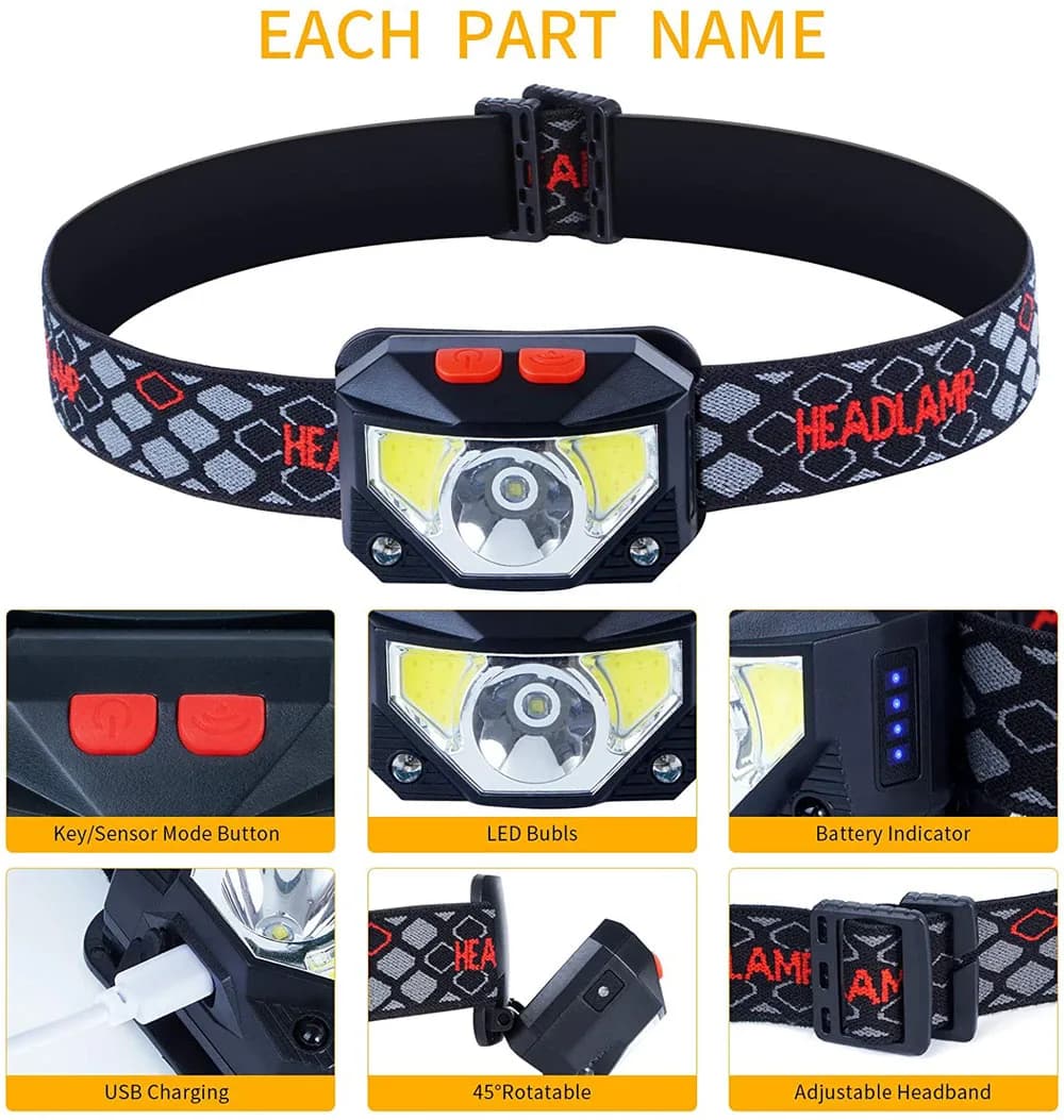 Lampe frontale LED 8 modes avec capteur de mouvement - puissante torche COB étanche pour pêche et camping