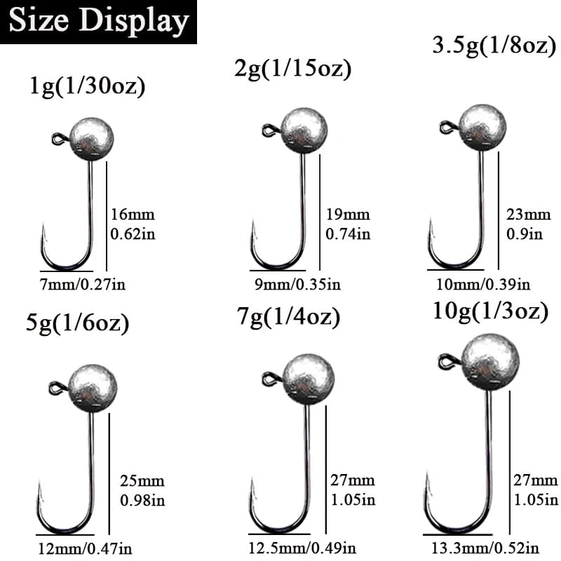 Lot de 10 têtes plombées rondes pour leurres souples 1g 2g 3.5g 5g 7g 10g hameçon
