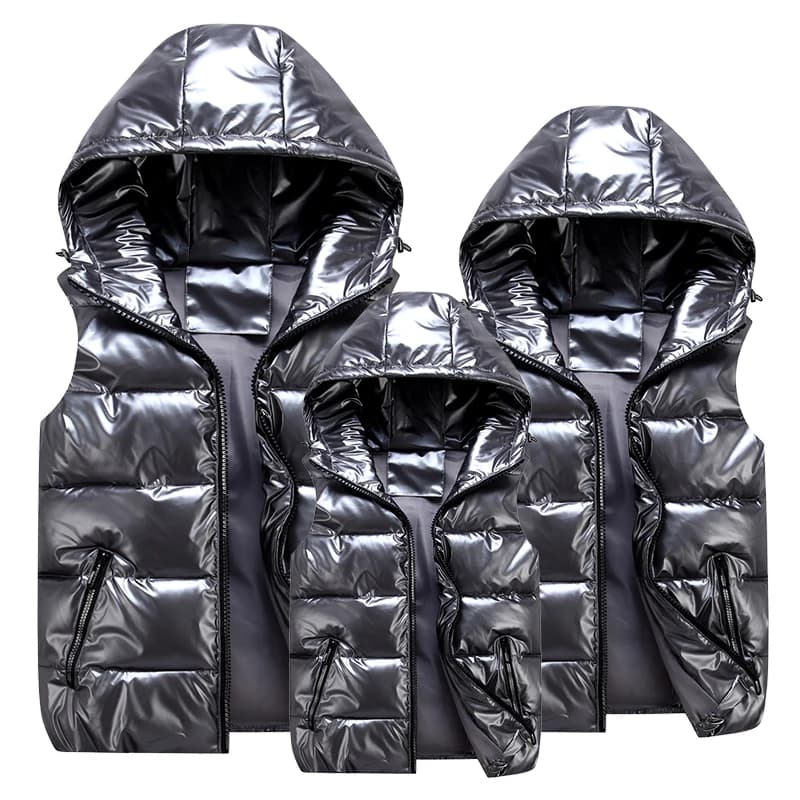 Gilet capuchon brillant homme femme enfant - Veste sans manches chaude hiver capuche coton casual
