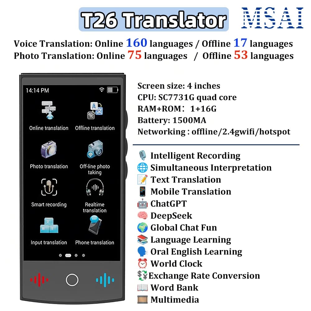 Traducteur voyage AI T26 ChatGPT 160 langues - Traduction vocale professionnelle pour pêche internationale