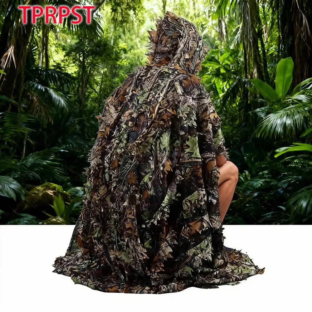 Poncho Ghillie camouflage universel léger feuilles 3D pêche chasse enfants adultes taille unique