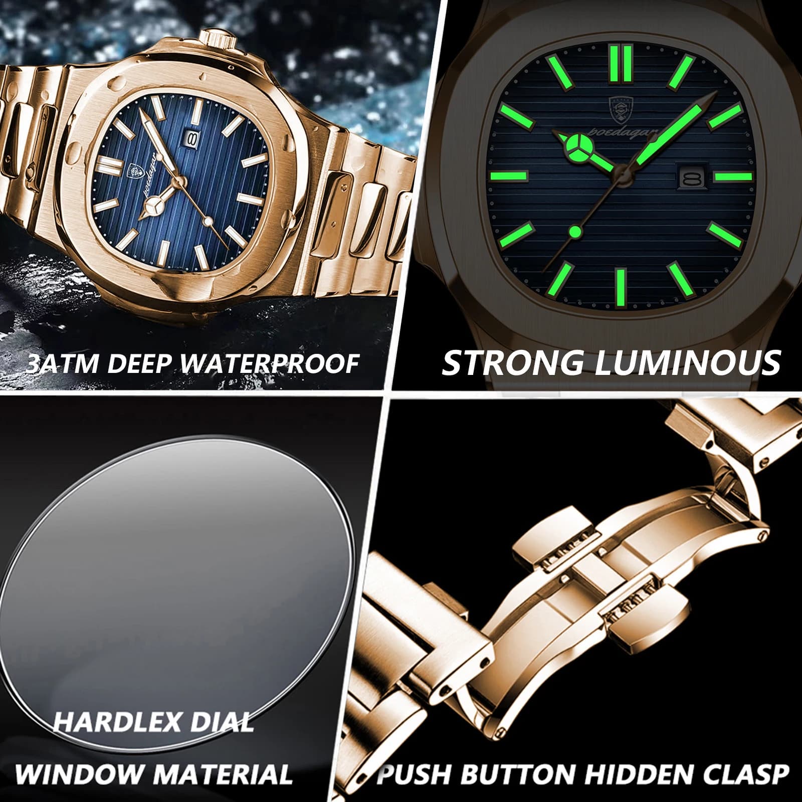 Montre homme carrée POEDAGAR fashion - Boîtier acier inoxydable étanche avec date et lumières pour poignet