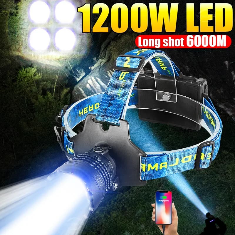 Lampe frontale 1200W ultra-bright IPX6 pêche - Étanche professionnelle pour pêche camping randonnée