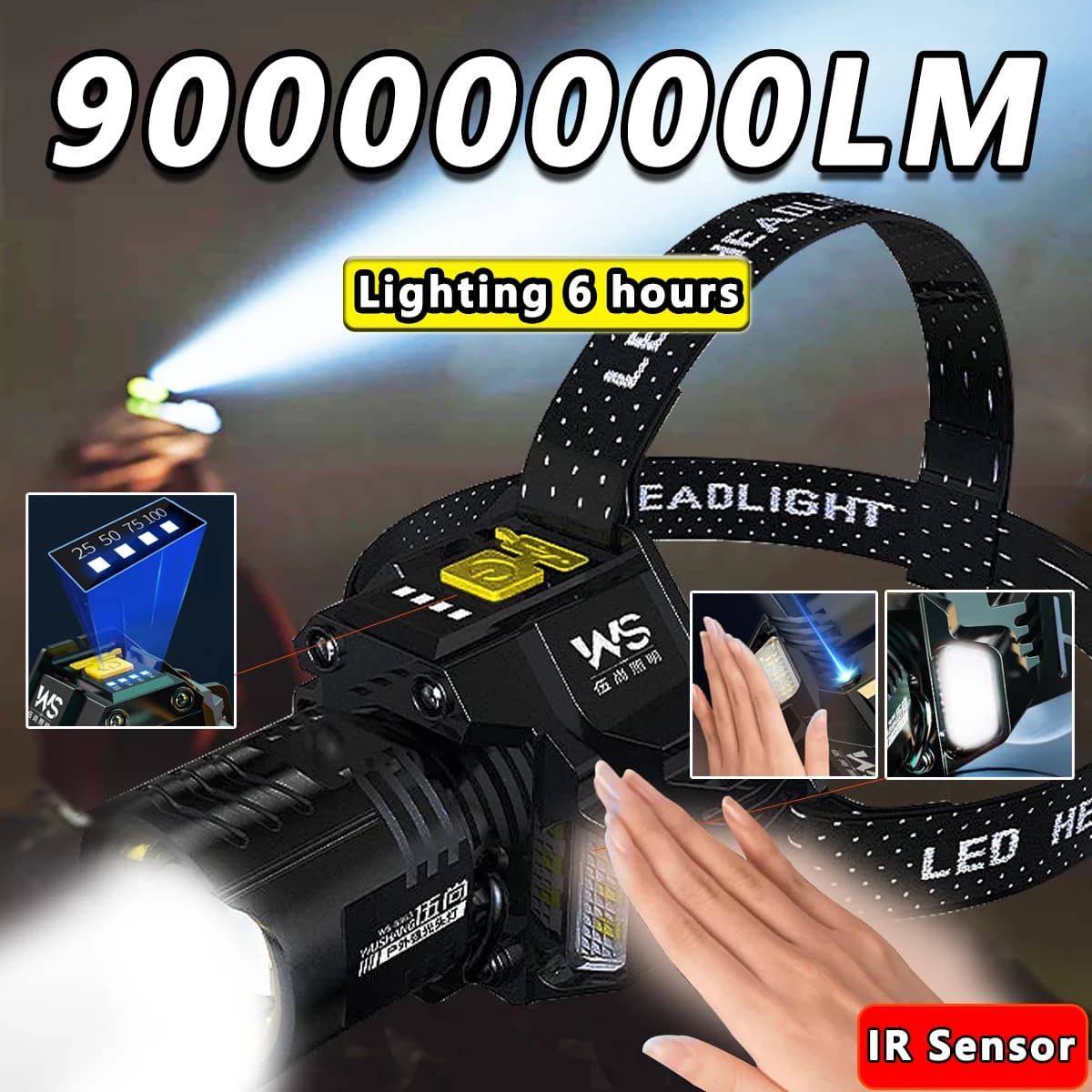 Lampe frontale LED rechargeable zoomable étanche haute puissance pour travaux et pêche