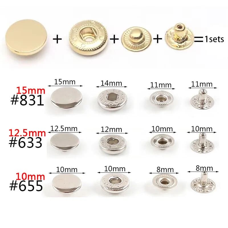 Kit 50 pressions métal 10mm 12mm 15mm outils installation couture DIY vêtements cuir snaps