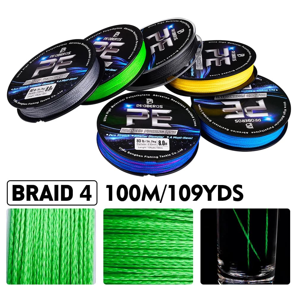 Ligne de pêche tressée Super Strong 100m 4 brins anti-abrasion - 6 à 80LB 6 couleurs disponibles PE
