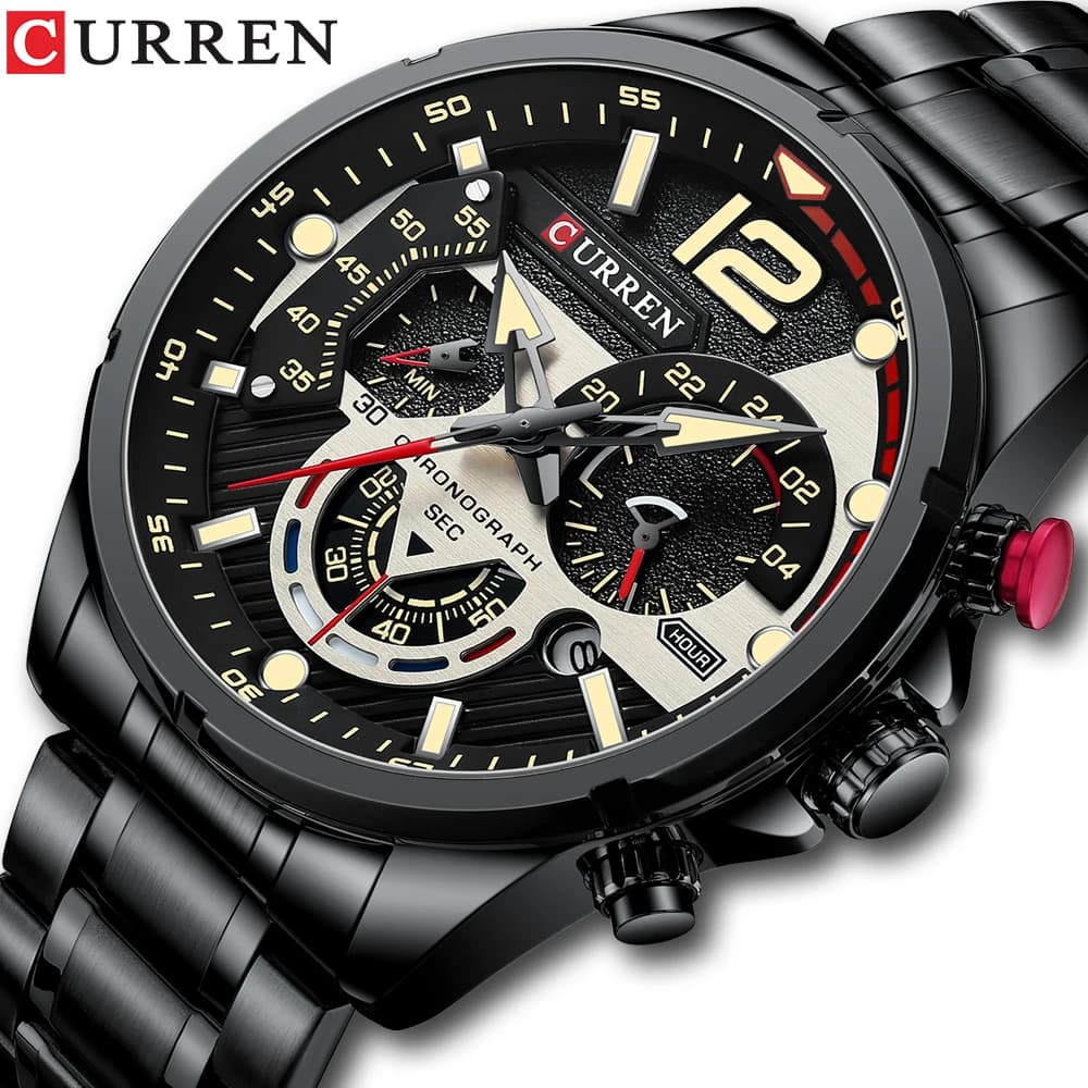 Montre homme Curren chronographe sport aiguilles lumineuses - Boîtier et bracelet acier inoxydable pour pêcheur