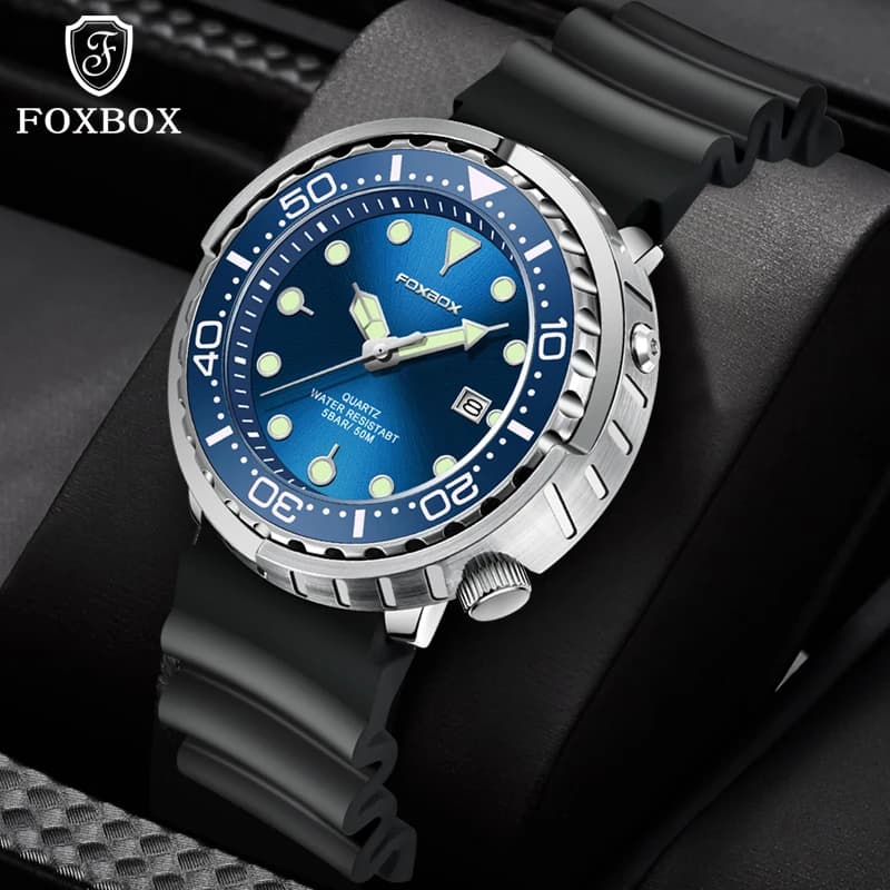 Montre Plongeur Homme FOXBOX 50ATM Étanche Luxe Quartz Sport Date Élégante Marque Mode
