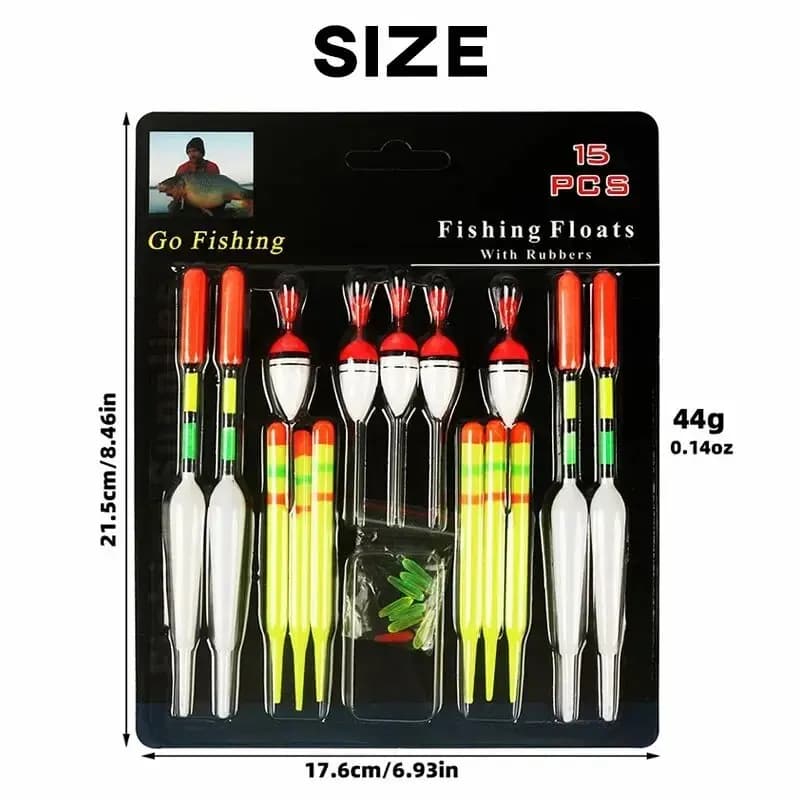 Flotteur de pêche vertical lumineux 15 pièces pour la carpe, appât multifonction avec bâton phosphorescent